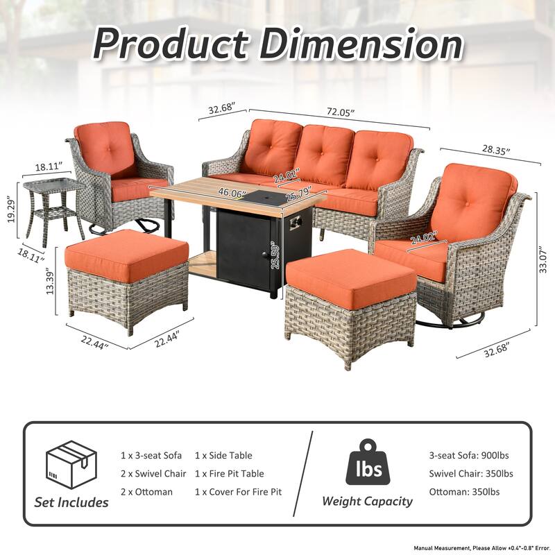 OVIOS 7 Pieces Outdoor Wicker Curved Swivel Chair Set With Fire Table