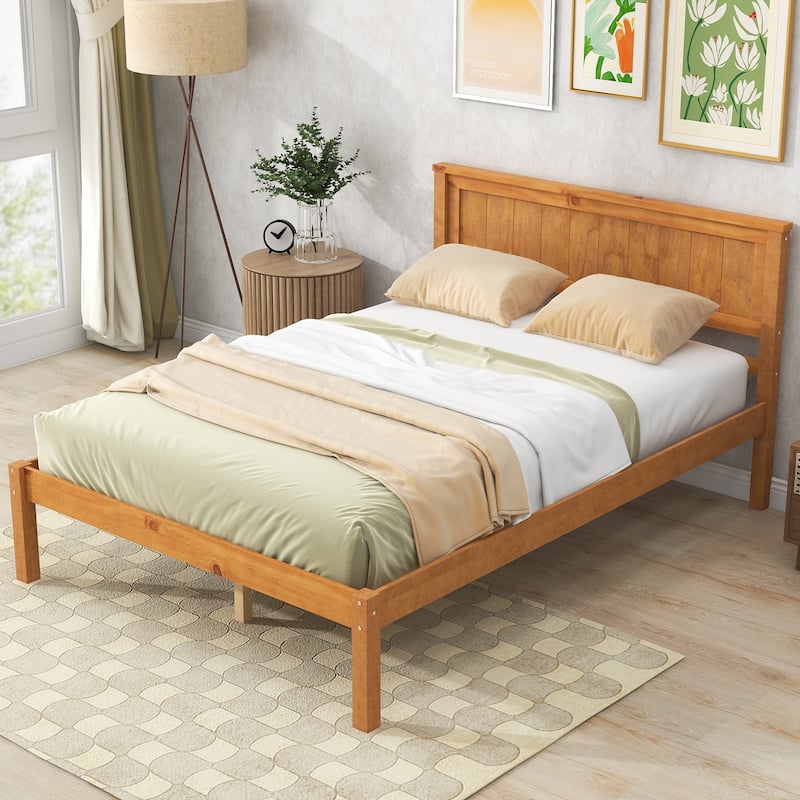 Full Size Oak Finished Wood Platform Bed Frame