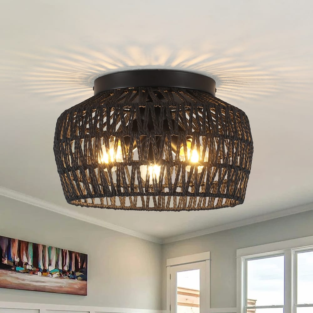 3-Light Rattan Semi Flush Mount Chandelier for Hallway Entryway Dining Room