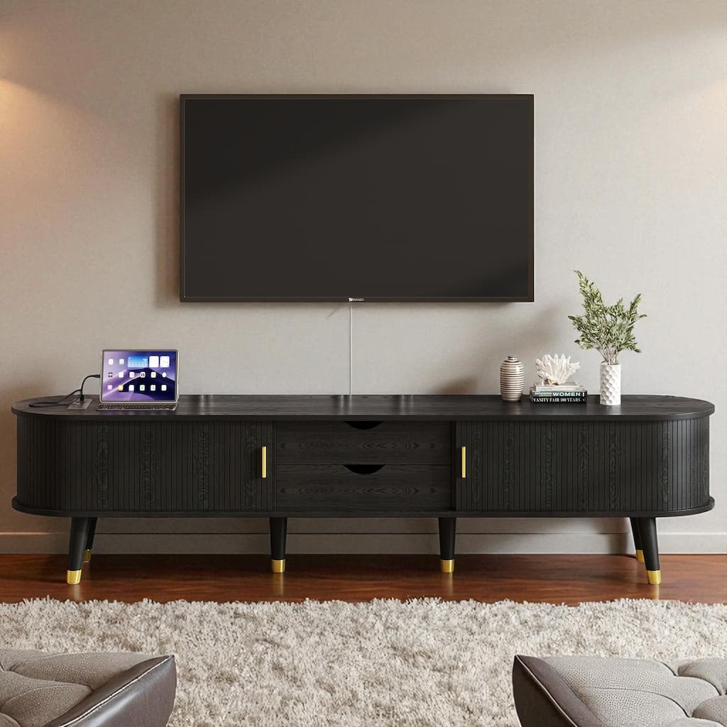 Oval Fluted TV Stand with Charging Station, 74.8" Wide Mid-Century Console for TVs up to 80", Sliding Tambour Doors, Black