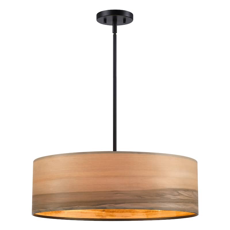 Breaux 4-Light Wood Veneer Drum Chandelier with Black Canopy - 22 in. W