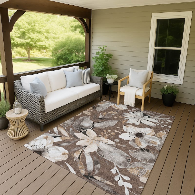 Machine Washable Indoor/ Outdoor Floral Chantille Rug - Chocolate - 3' x 5'