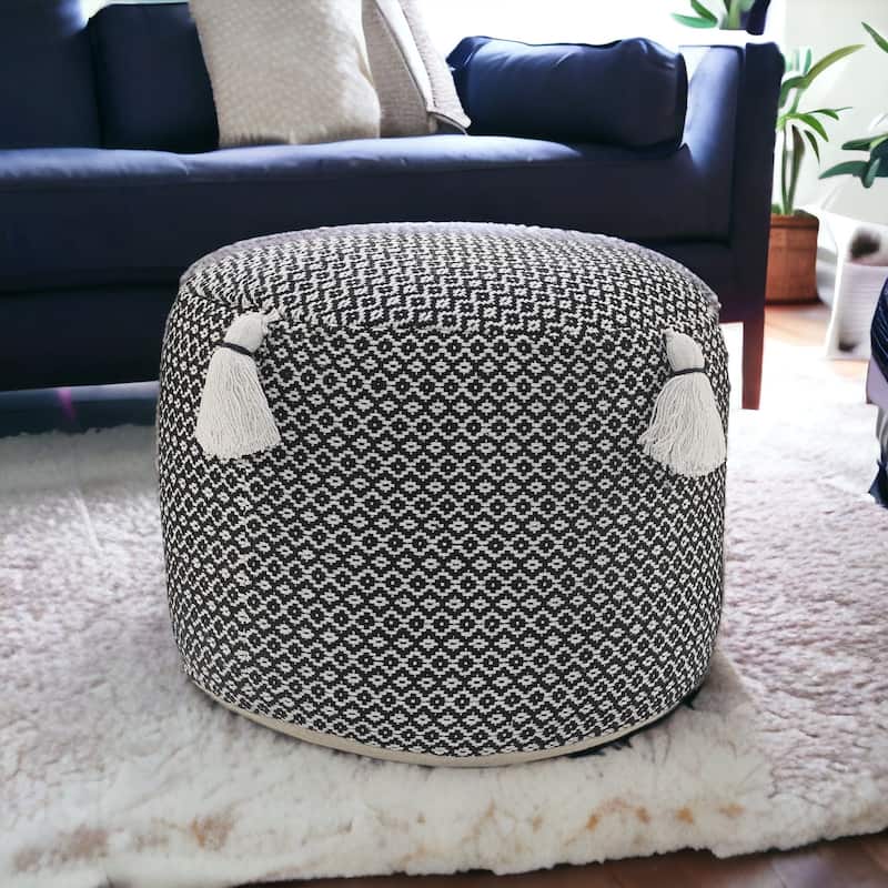 HomeRoots 18" Black Cotton Cylinder Geometric Pouf Ottoman
