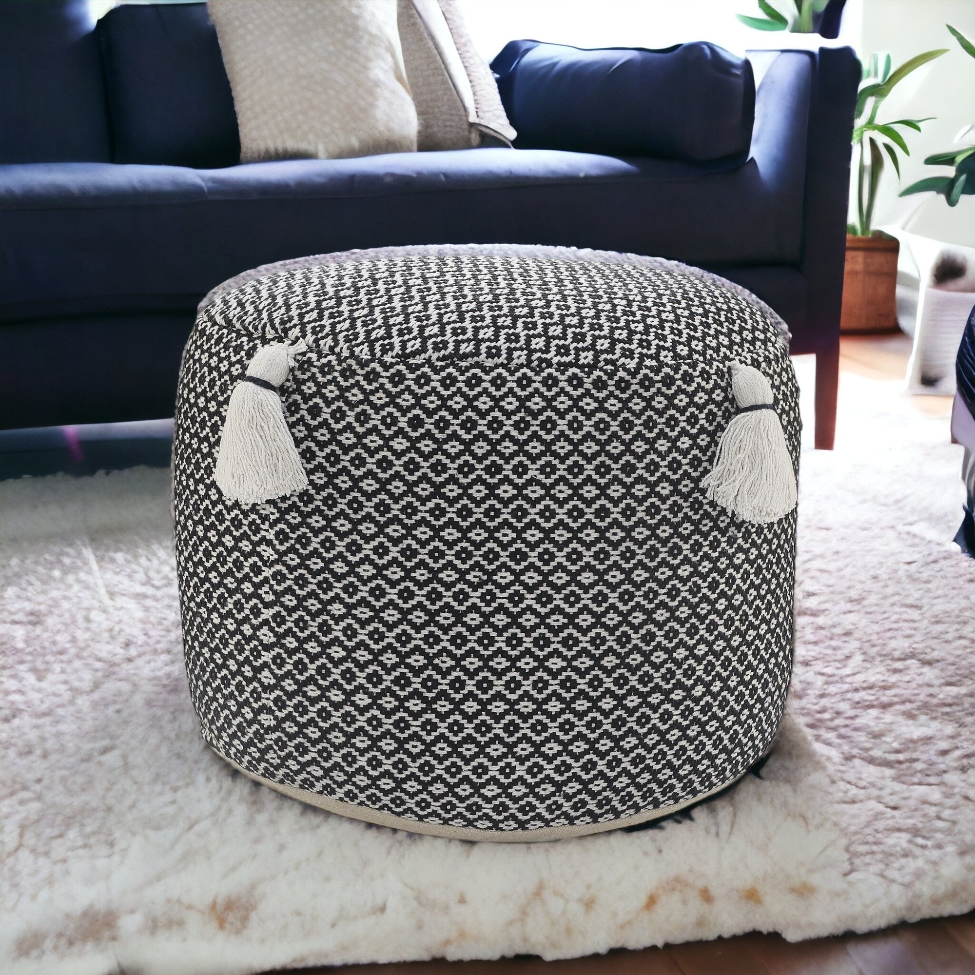 HomeRoots 18" Black Cotton Cylinder Geometric Pouf Ottoman