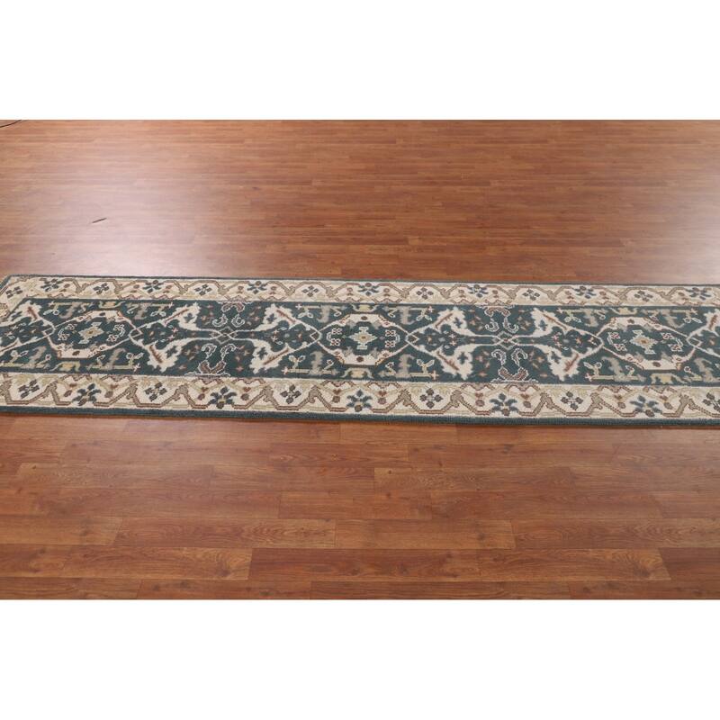 Green & Ivory Oushak Oriental Runner Rug Handmade Wool Carpet - 2'7"x 10'0"