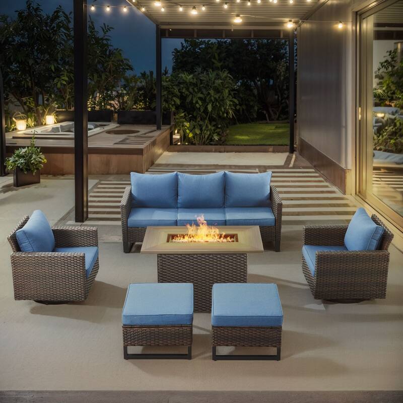 Gymojoy Outdoor Fire Pit Conversation Set, Patio Furniture with Cushions - 6 PCS -  Sofa & Swivel Chair & Ottomans & Fire Pit - Brown Wicker / Blue Cusion