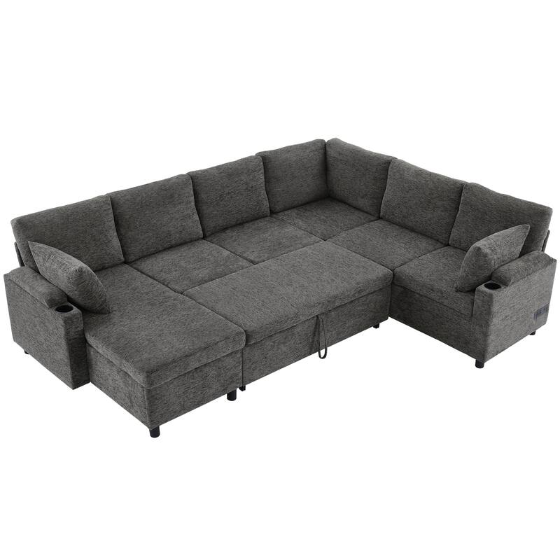 U-Shaped Chenille Sectional Sofa with Storage Chaise Lounge, Convertible Sleeper Sofa Bed with Cup Holders & Charging Ports