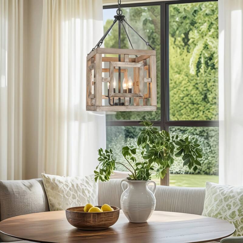 Farmhouse 4-Light Lantern Chandelier Rustic Square Wood Pendant Light - W13.5"xD13.5"xH13.5"