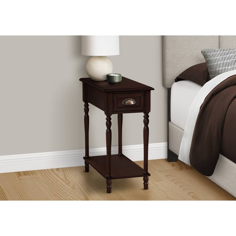 Accent Table, 2 Tier, Side Table, End, Narrow, Nightstand, Bedroom, Lamp, Storage Drawer, Brown Veneer, Traditional - Cherry