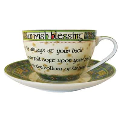 10.5oz Bone China Cup with Saucer multi-Color Irish Blessing and Celtic Knot Design