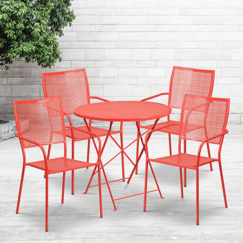 30'' Round Indoor-Outdoor Folding Patio Table Set with 4 Square Back Chairs