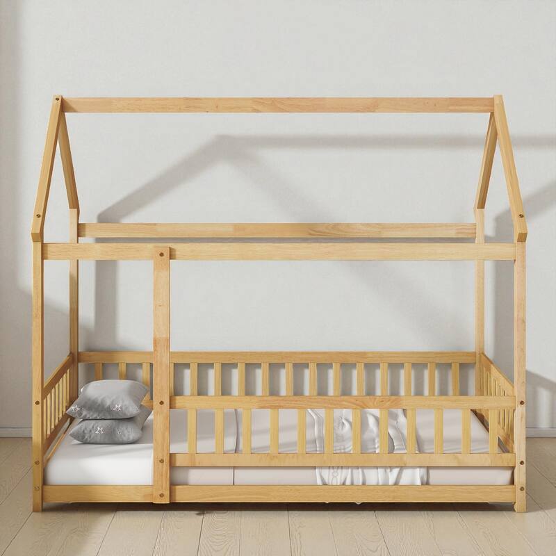 Twin Size Wooden House Floor Bed with Roof Frame and Safety Guardrails, Solid Rubber Wood Montessori Bed for Kids