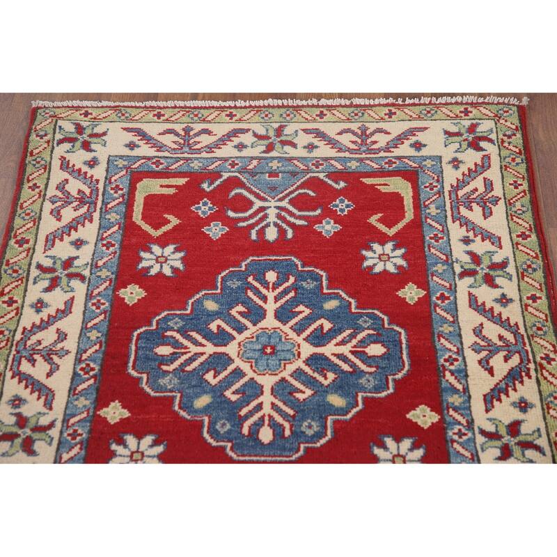 Hand Knotted Oriental 100% Wool Carpet Traditional Geometric Red Kazak Runner Rug - 8' 1'' X 2' 9''