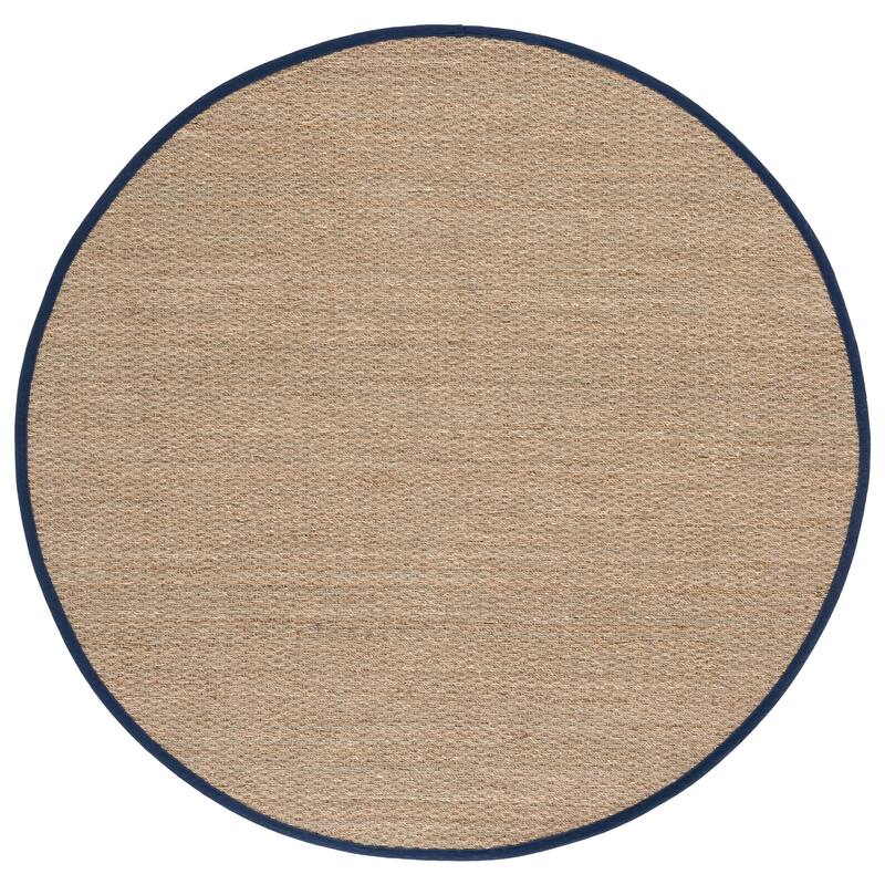 SAFAVIEH Natural Fiber Lovie Farmhouse Seagrass Rug - 6' Round - Natural/Navy Blue