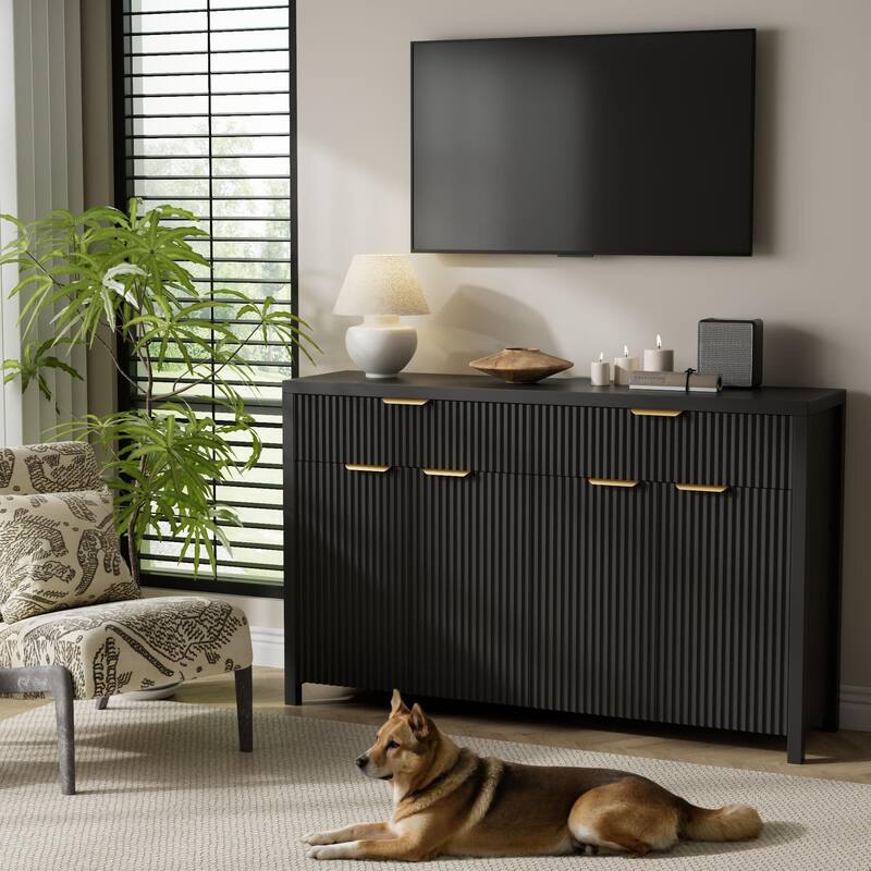 55"Fluted Sideboard Buffet Cabinet with Storage Drawers and Adjustable Shelves