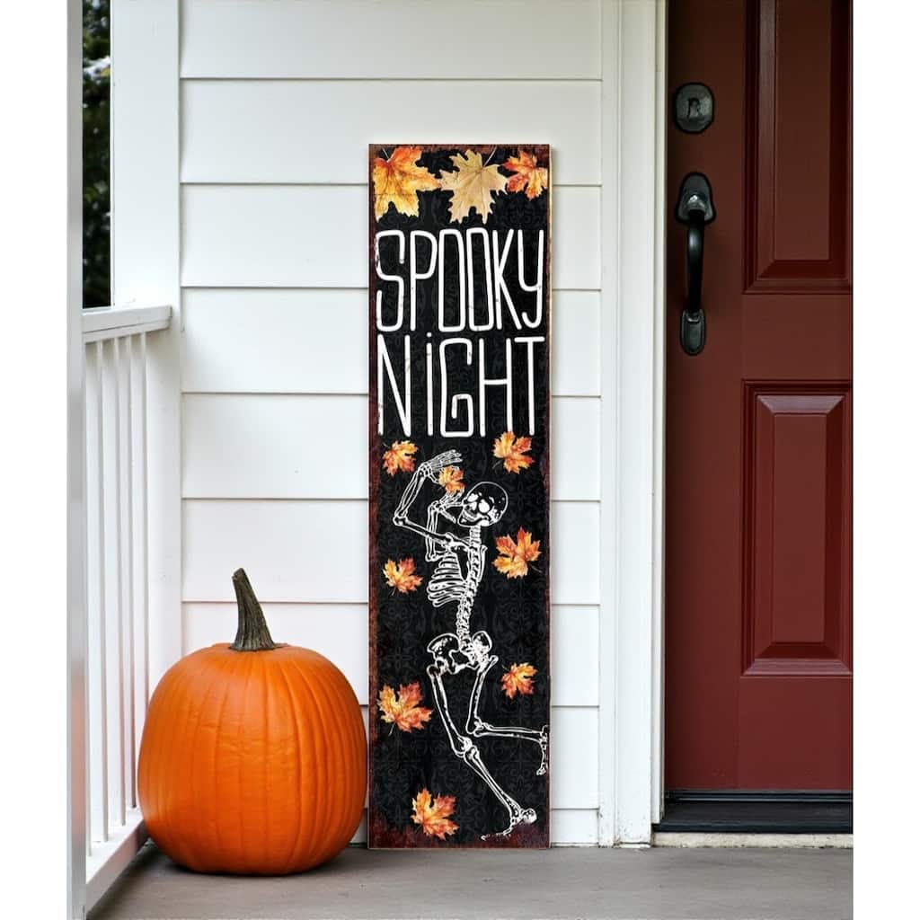 HomeRoots 36" Black Orange And White Solid Wood Spooky Halloween Skeleton Porch Sign