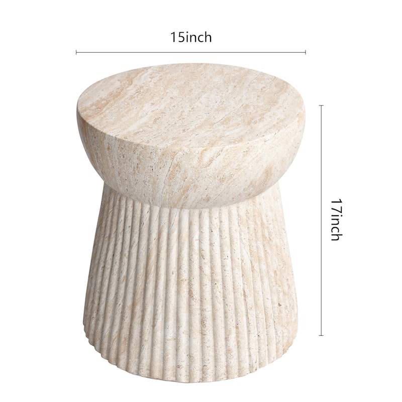 Fluted Travertine Stone Finish Italian Design MgO Side Accent Table - 14.6"x14.6"x17"