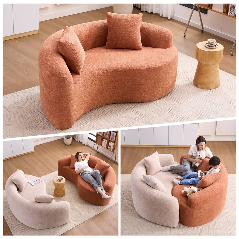 Yin-Yang Design Single Chaise Couch S-curved Chenille Sofa, Purchase 2pc for Combination into Tai Chi Round Sleeper Sofa Bed - Coral Pink