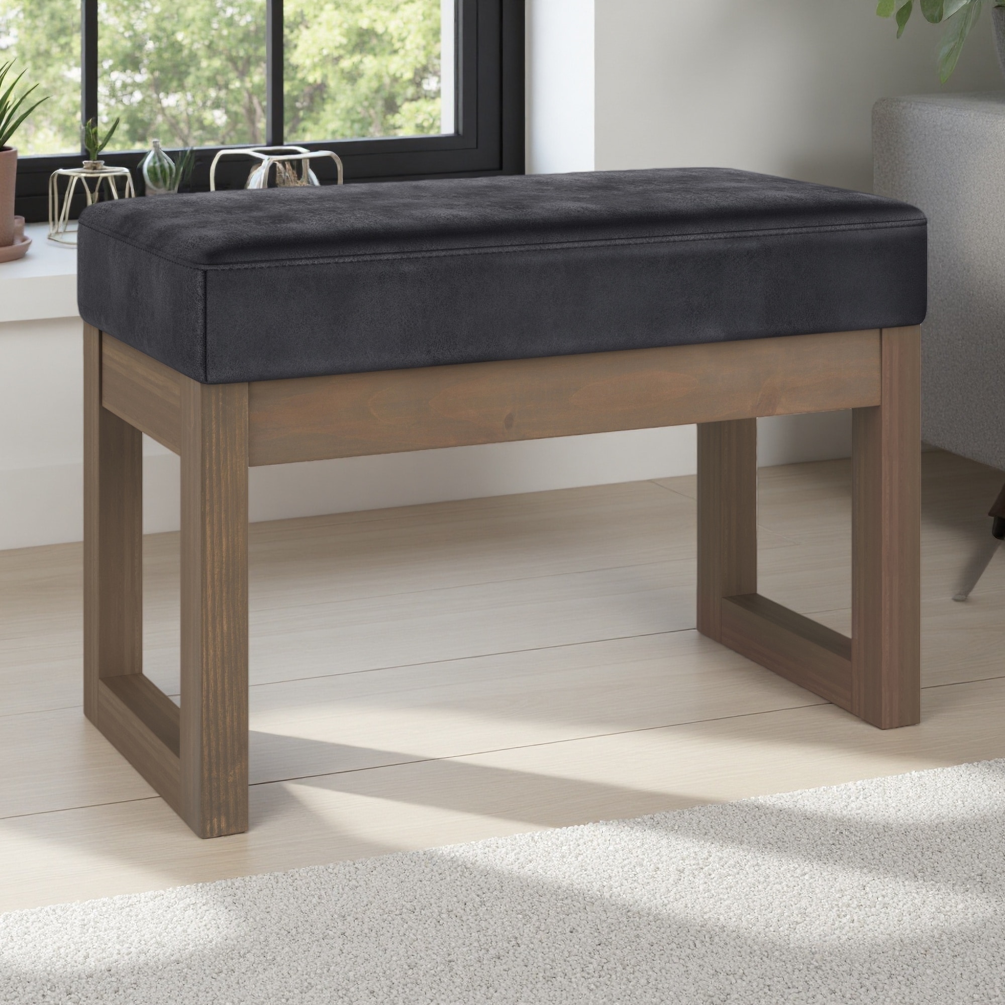 26.6"L Footstool Small Ottoman Bench Faux Leather, Solid Wood Framed Base, Cushioned Seat, Multi-Functional, Contemporary Style