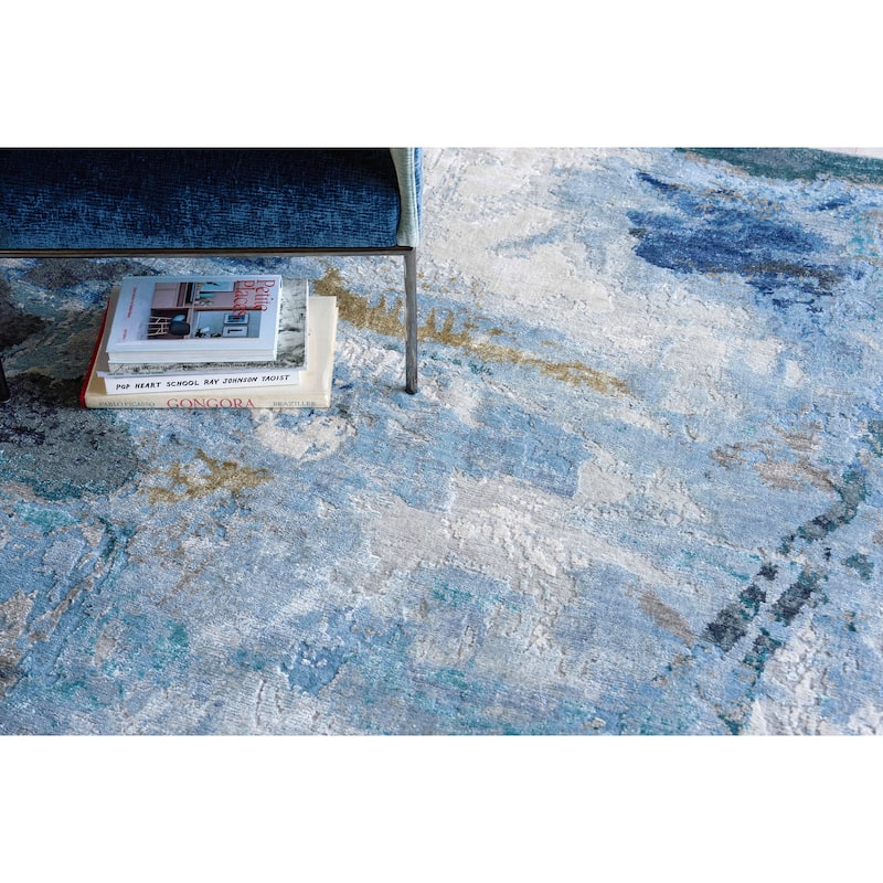 Exquisite Rugs Cosmo Hand-Knotted New Zealand Wool/Bamboo Silk Blue/Silver/Dark Gray Area Rug.