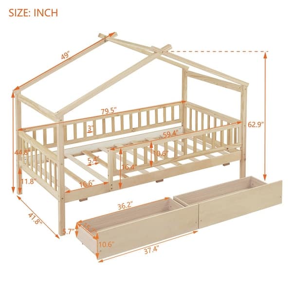dimension image slide 1 of 4, Twin House Bed with 2 Storage Drawers,Rails and Roof for Kids
