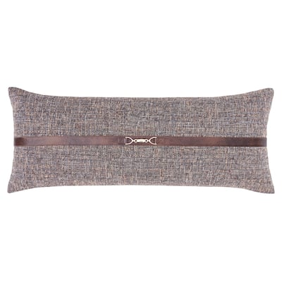 HiEnd Accents Tweed Brown Classic Modern Rustic Buckle Detailed 14x36 inch Lumbar Pillow