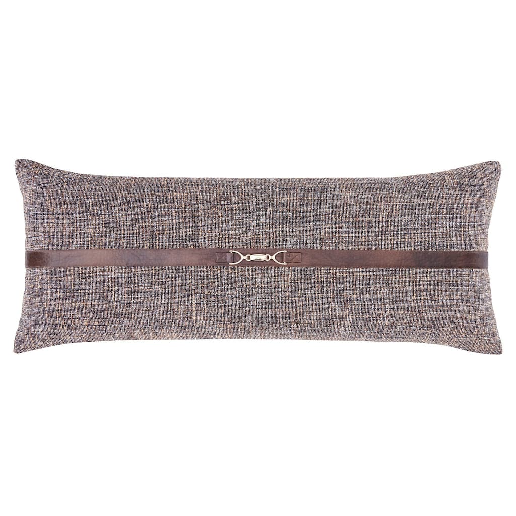 HiEnd Accents Tweed Brown Classic Modern Rustic Buckle Detailed 14x36 inch Lumbar Pillow