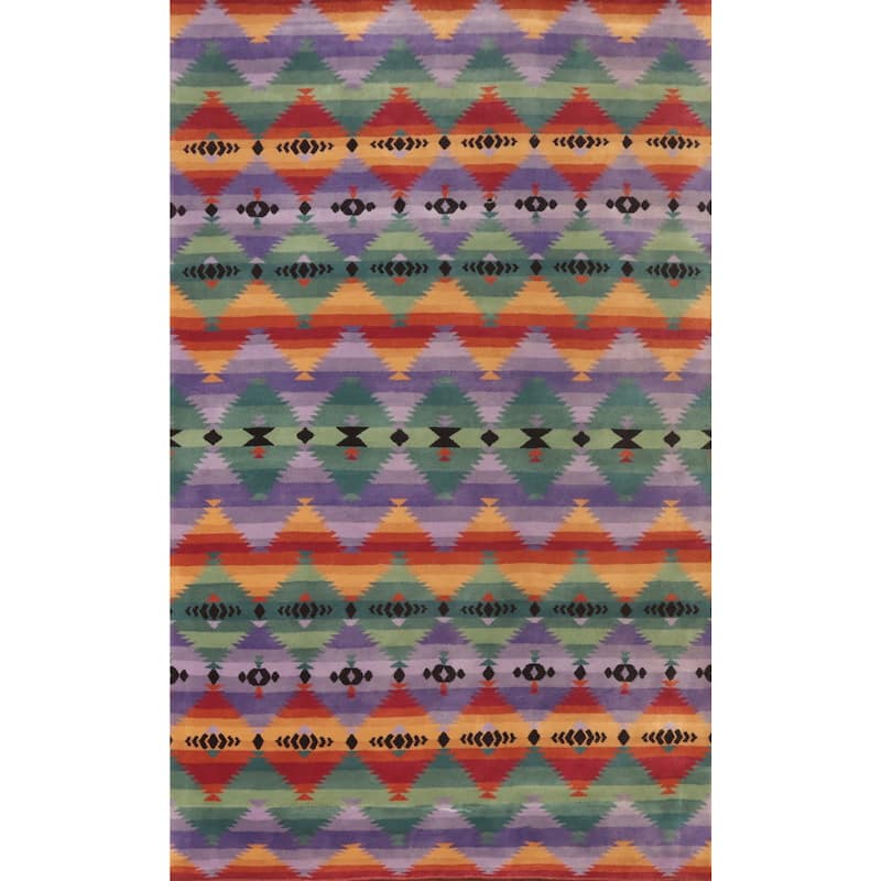 Hand-knotted Tribal Wool Purples Geometric Oriental Area Rug - 9' 0'' X 6' 1''