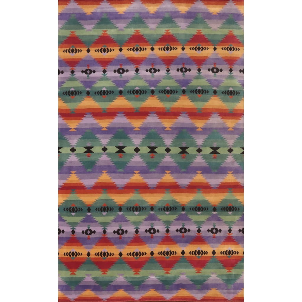 Hand-knotted Tribal Wool Purples Geometric Oriental Area Rug - 9' 0'' X 6' 1''