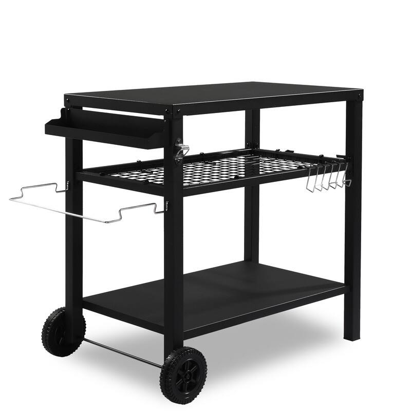 Outdoor Grill Cart Movable BBQ Trolley Food Prep Cart with Two Wheels & Hooks - Black