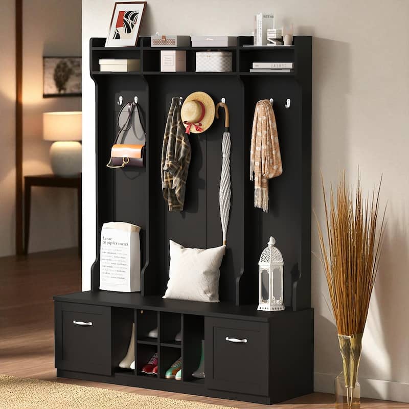 58.8 in Wide Hall Tree with Bench, 7 Hooks, 2 Drawers, Adjustable Shelves, Entryway Coat Rack Organizer, 76.7 in H