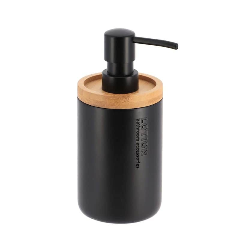 Elegant Soap Dispenser - Polyresin and Bamboo Design, Refillable Liquid Pump - 3 L x 3 W X 7 h