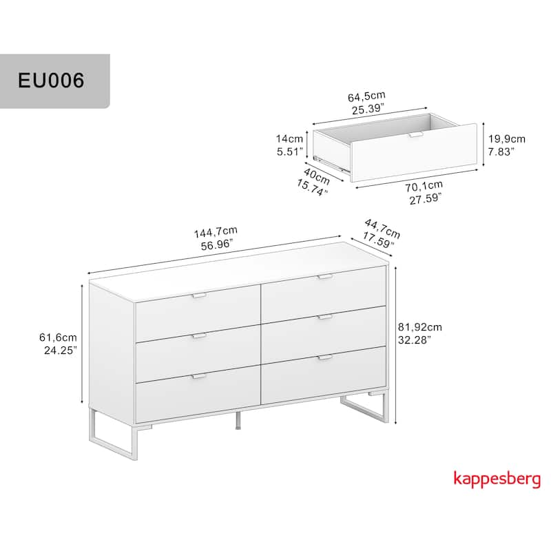 Kappesberg New Collins 2-Piece Bedroom Set, 6-Drawer Dresser and One 2-Drawer Nightstand