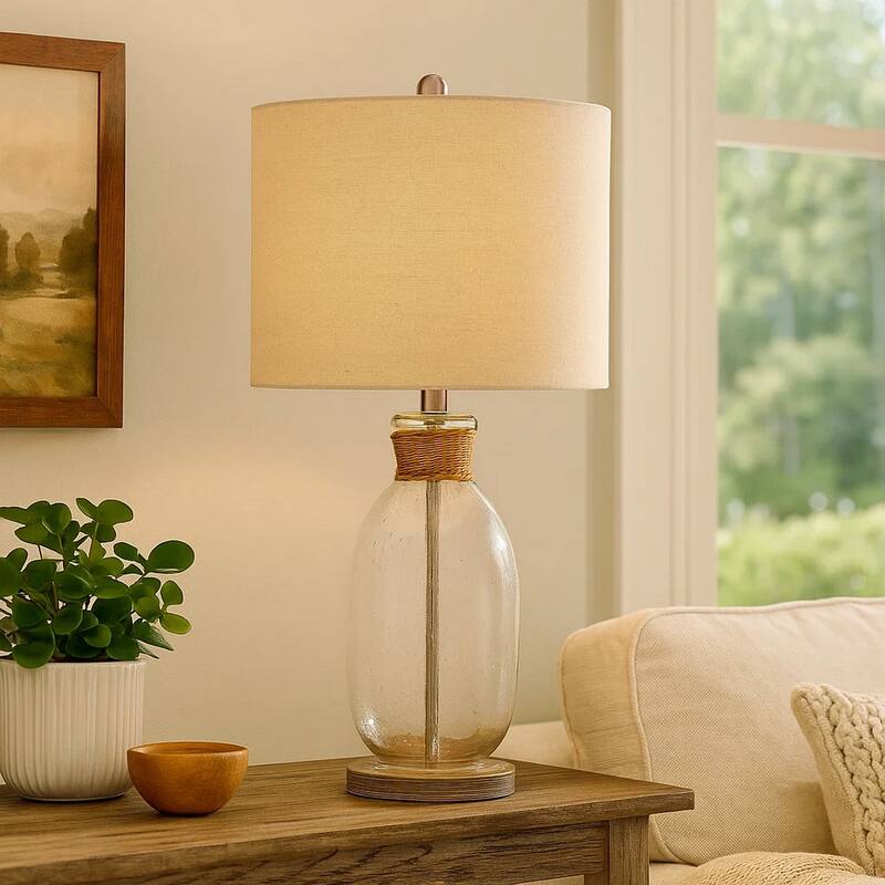 Table Lamp with Bubble Glass Body and Rope Accent, Beige