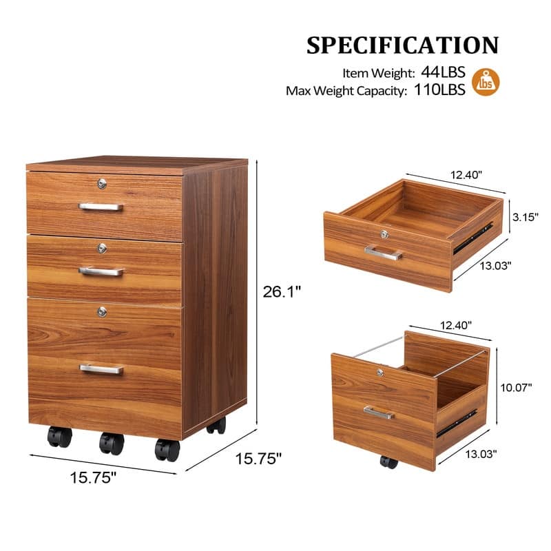 File Cabinet 3-Drawer Rolling Wood with Lock