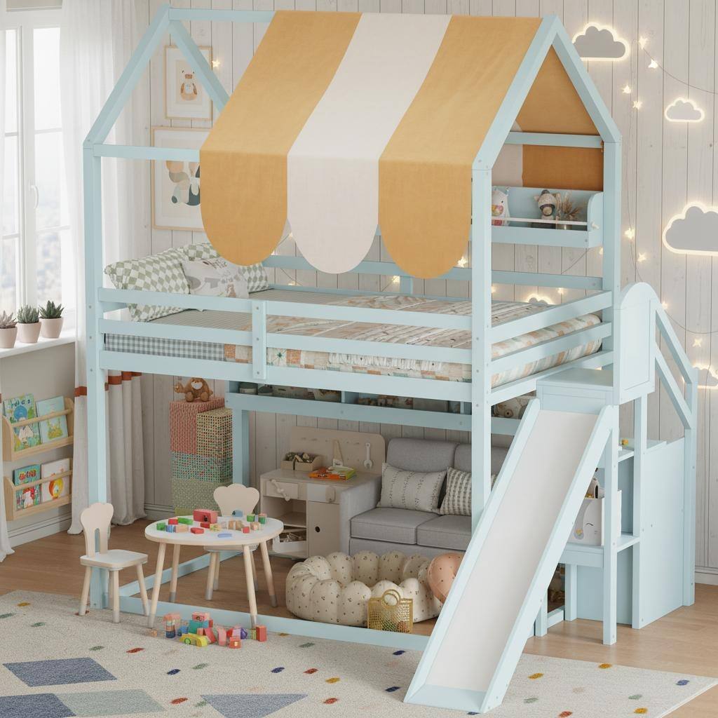 Full Size Loft Bed with Slide, Storage & Striped Canopy Roof by Harper&Bright Designs