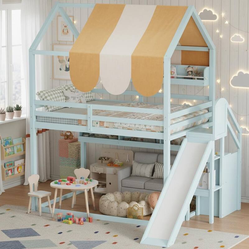 Full Size Loft Bed with Slide, Storage & Striped Canopy Roof by Harper&Bright Designs - Light Green