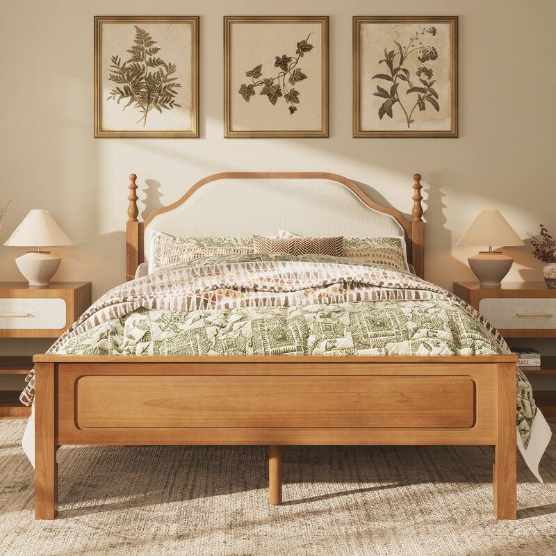 Classic Turned Post Wood Bed Frame with Upholstered Headboard, Sturdy Screw-Free Slats and Noise-Free Support