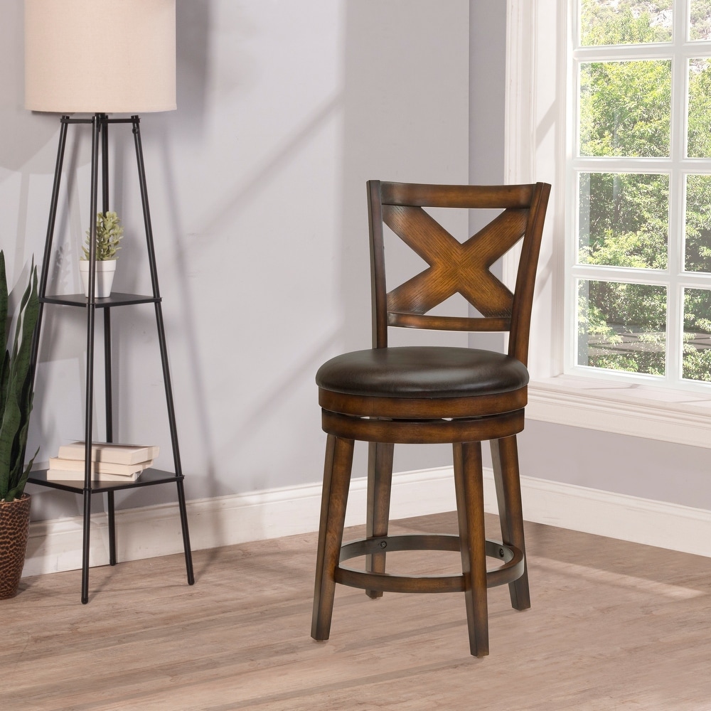 lyman rustic oak upholstered back wood swivel counter stool