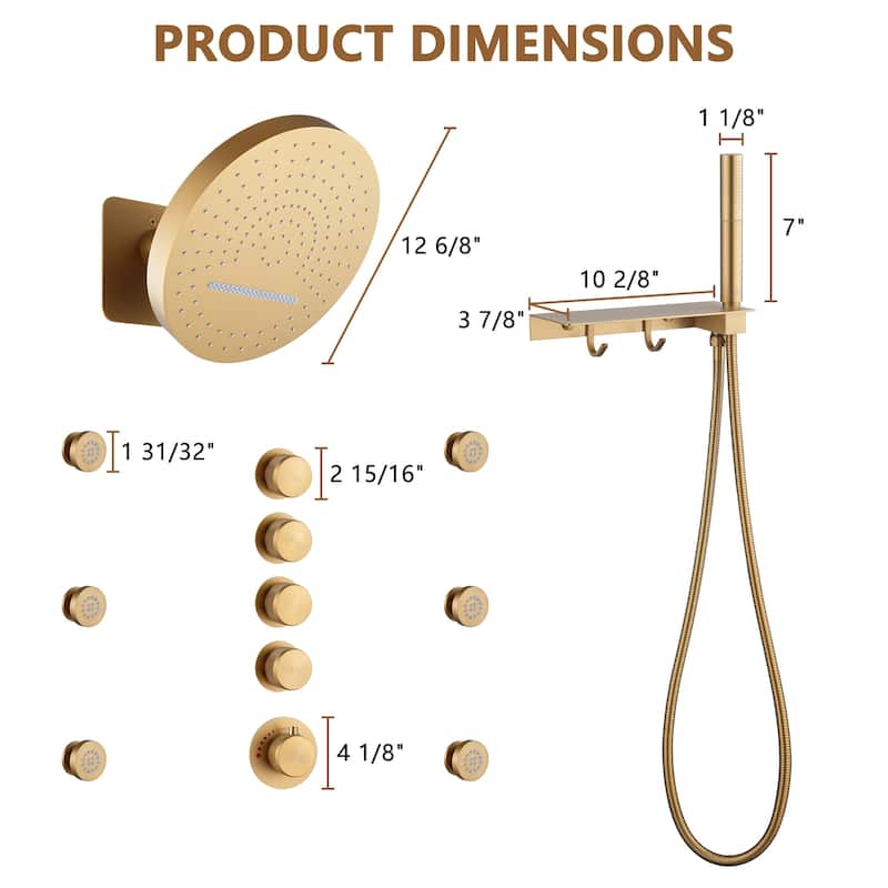 CASAINC Thermostatic 4 Functions 12 inch Rainfall Showerhead with Handheld Spray & 6 Body Jets Set Rain Shower System