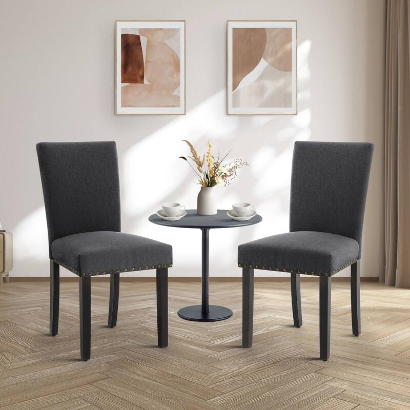 Upholstered Dining Chairs Set of 2, Fabric Parsons Dining Room Chair with Nailhead Trim and Sturdy Wood Legs - Grey