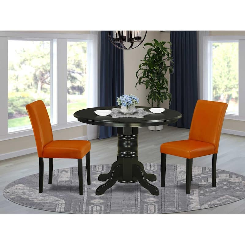 Coastal Dining Set 3Pc Round Table & 2 Chairs - 42" Table - PU Leather - Black Legs - HomeStock