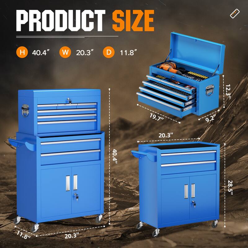 8-Drawer 2 in 1 Rolling Tool Chest Cabinet Garage Storage Toolbox with Detachable Top Tool Box and Universal Lockable Wheels