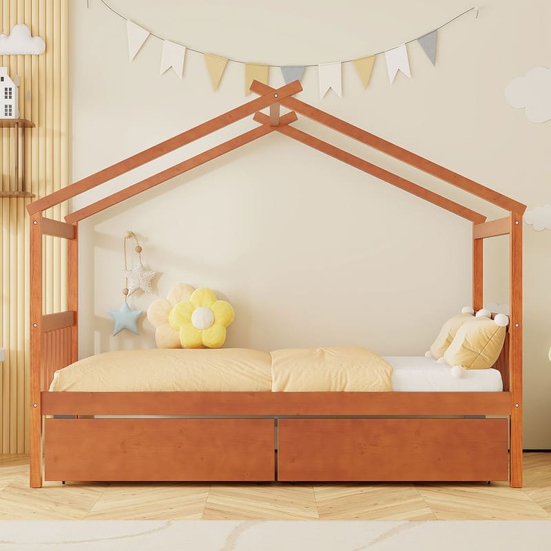 Twin Size Wooden House Bed with 2 Drawers