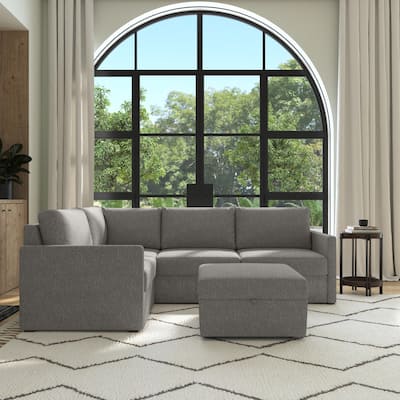 Flex Gray Fabric 4-Seat Sectional with Narrow Arm and Storage Ottoman - 103" x 37" x 71"