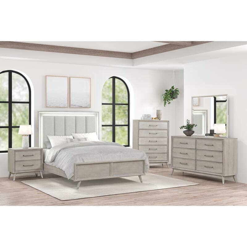 Roundhill Furniture Seluna 5-Piece Bedroom Set with Touch LED Lighting, Gray Oak Finish - Queen