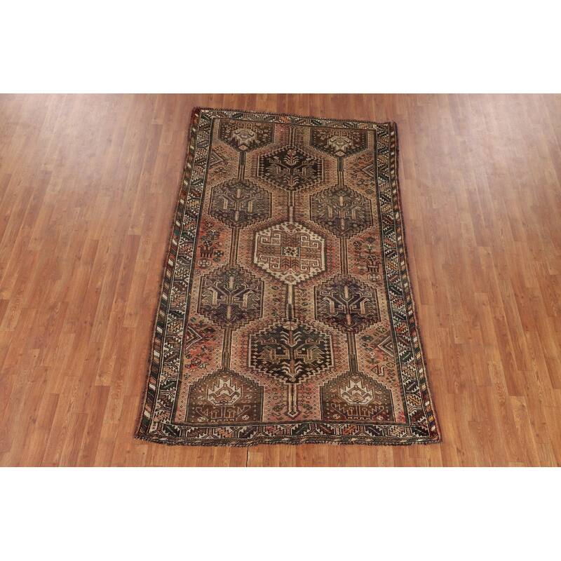 Tribal Geometric Qashqai Persian Antique Rug Hand-Knotted Wool Carpet - 5'0" x 7'11"