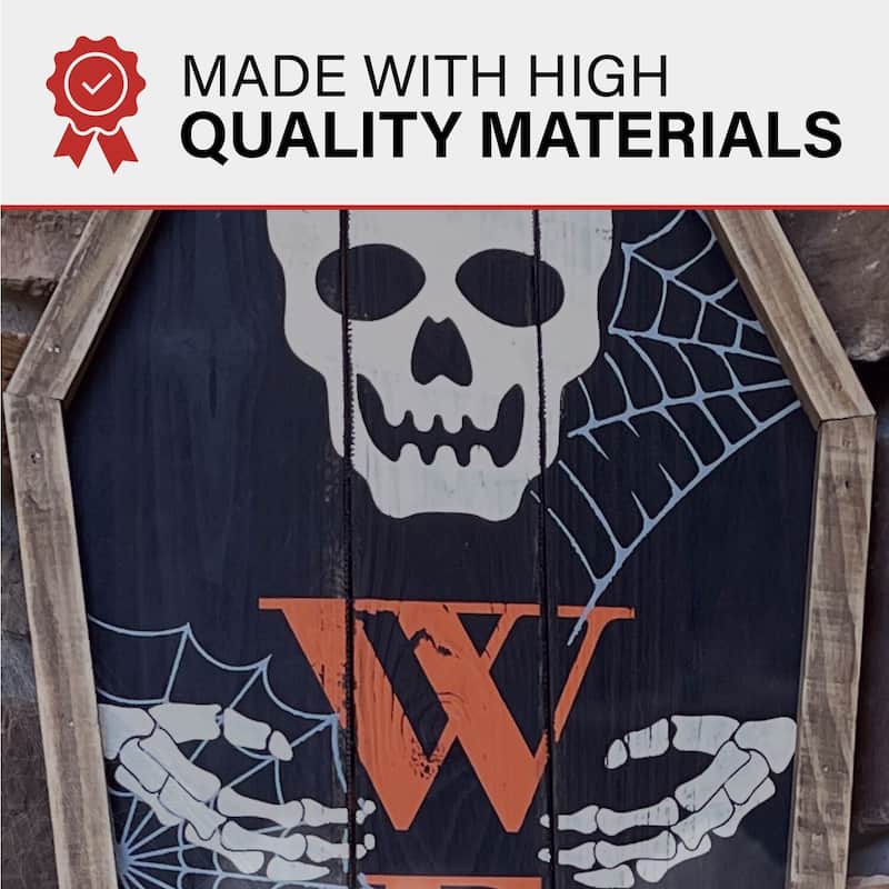 Haunted Hill Farm 33-In. Wood Coffin Welcome Sign with Folding Storage Hinges for Halloween Hanging Decoration