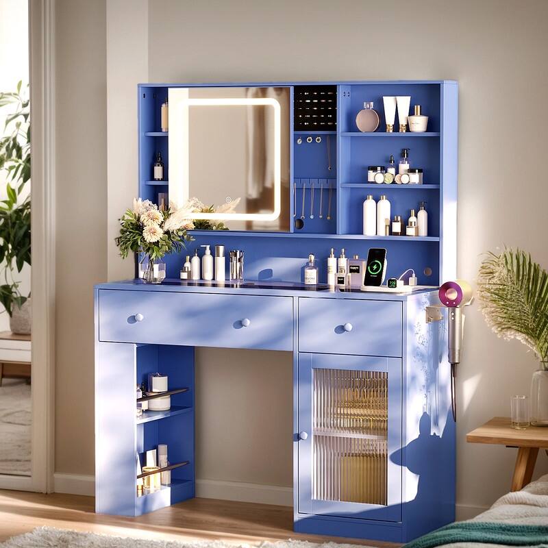 Particle Board Veneered , 2 Drawers, 1 Glass Door, Left and Right 2-tier Shelves, Glass Tabletop, Dressing Table - N/A