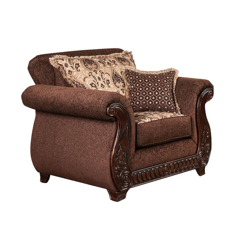 Fabric Upholstered Chair with Rolled Arms Design - Brown, Gold